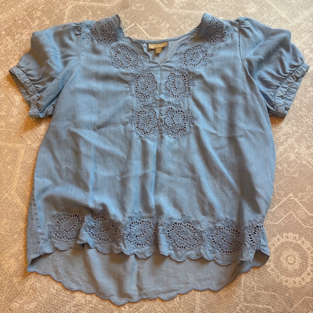 Style & Co Embroidered Chambray Blouse Womens PXL Blue Eyelet Scallop Hem Top